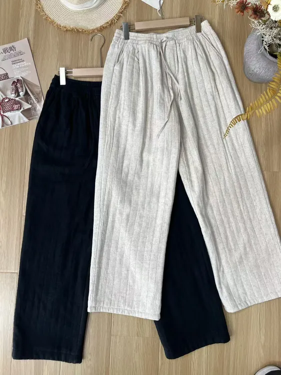 九月棉麻-高腰秋冬加厚阔腿裤冬季松紧腰休闲裤舒适裤宽松长裤