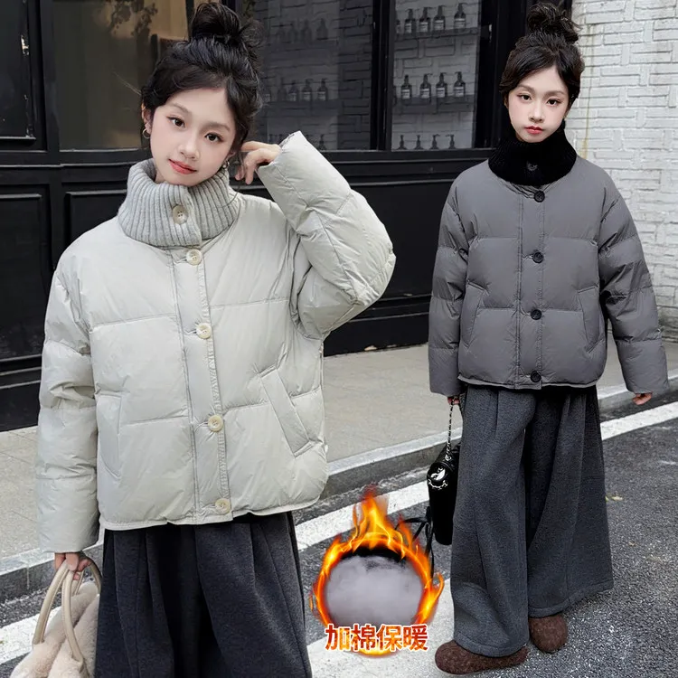 女童冬季洋气毛线领保暖棉服时尚中大童韩版休闲加厚短款面包服