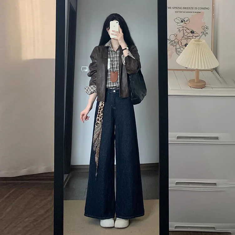 深蓝色阔腿牛仔裤女夏季2025春秋季新款高腰窄版宽松垂感拖地裤子