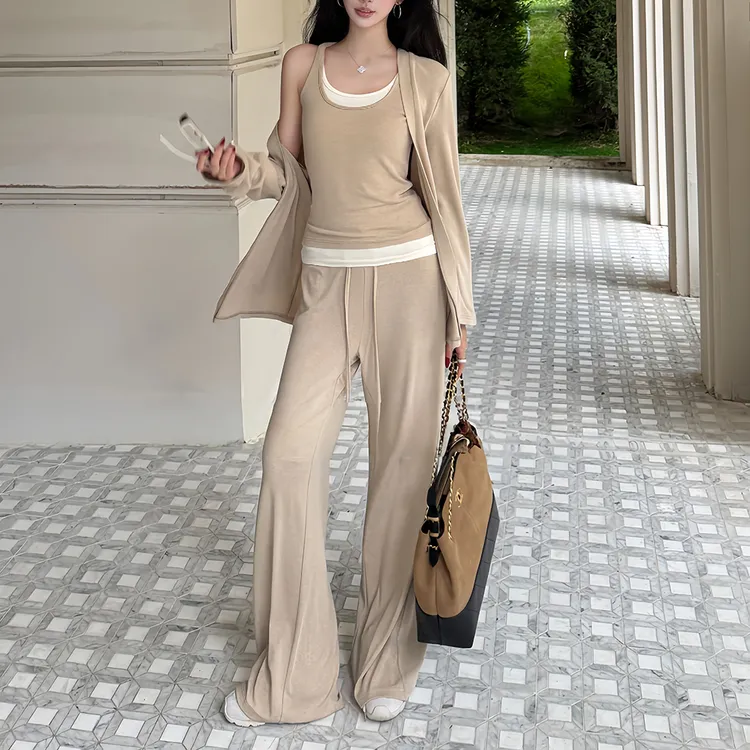 秋冬休闲长袖开衫假两件背心直筒阔腿裤时尚运动三件套慵懒风
