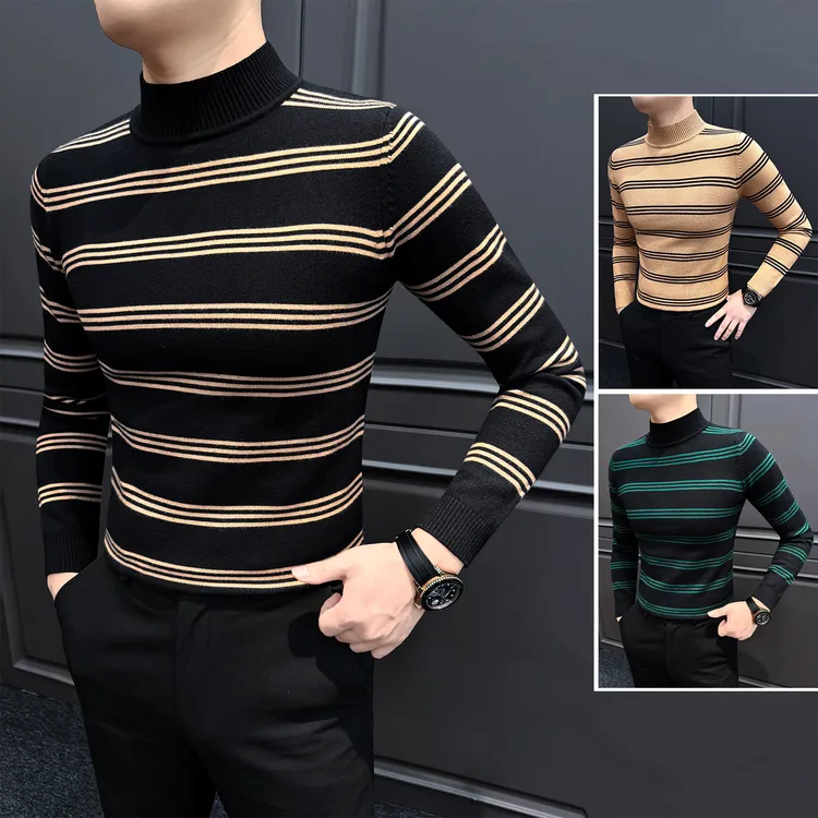 条纹半高领针织打底衫男款秋冬内搭保暖弹力柔软毛衣男士长袖t恤