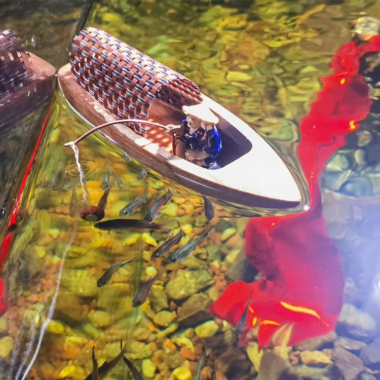 钓鱼道具花园流水装饰摆件假山鱼缸渔翁老头木船钓鱼喂食工艺造景