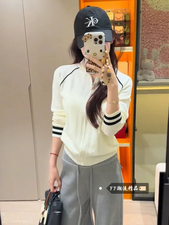 学院风白色立领针织开衫短款外套小个子氛围感穿搭韩系上衣女早秋
