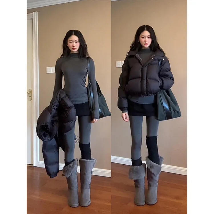 MARIE.COCO秋冬穿搭短款面包服连帽棉服外套针织衫T恤半身裙套装