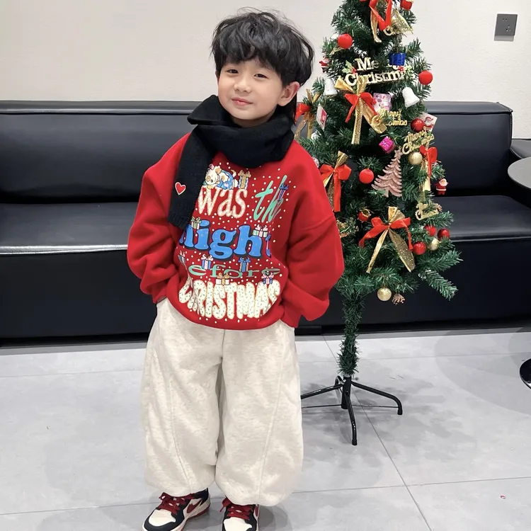 25冬新品韩国童装中小童男童红色新年圣诞印花加厚一体绒卫衣