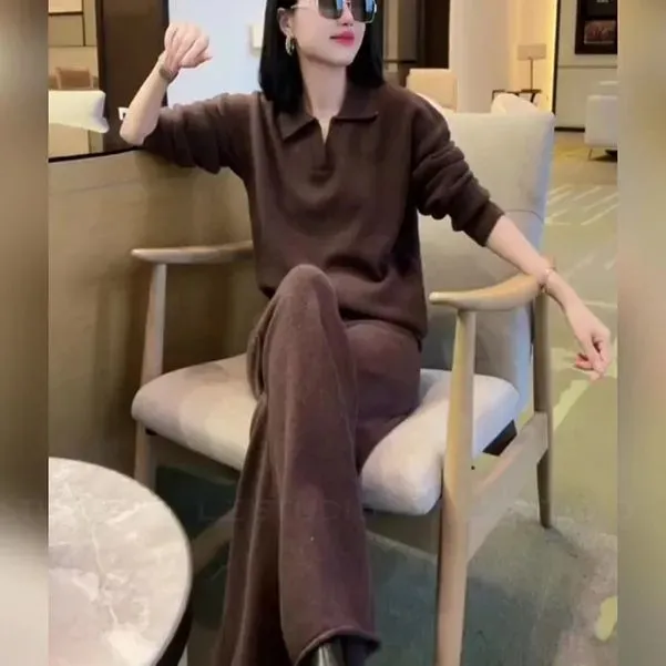 doumpp2024秋款女装盐系炸街高级感通勤polo领长袖T恤阔腿裤套装