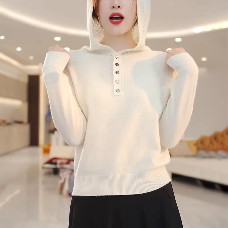 秋季女白色镂空连帽针织衫慵懒高级感毛衣内搭长袖打底帽衫上衣