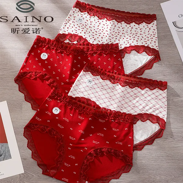 昕爱诺本命年婚嫁安可拉红大码莫代尔人棉蕾丝亲肤中高腰女士内裤