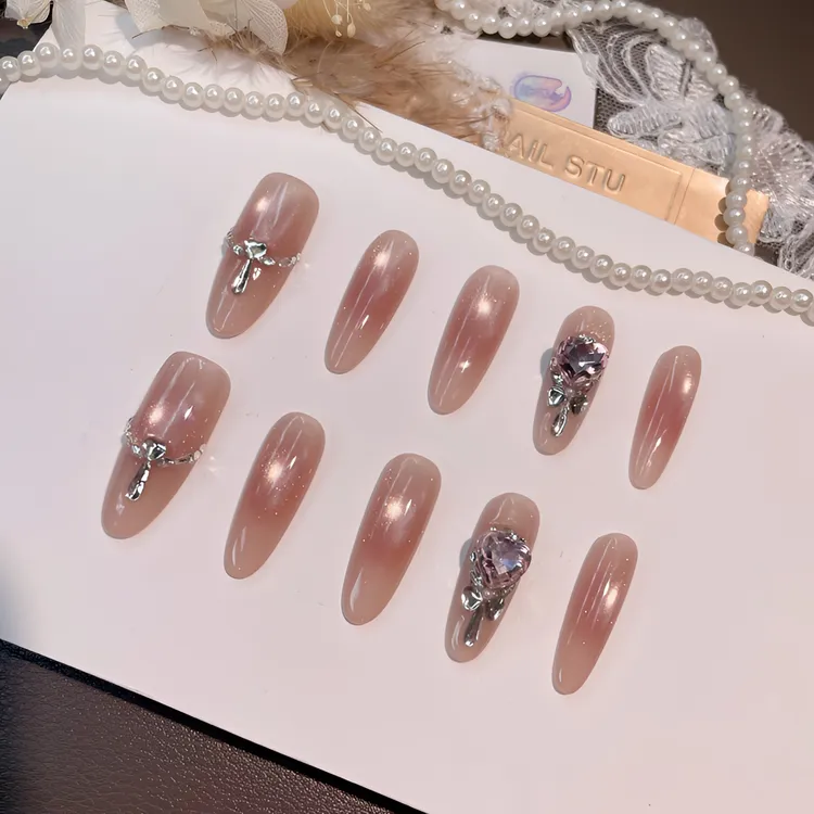 A2300『爱心棒棒糖』可爱猫眼腮红锆石粉爱心拼钻棒棒糖手工穿戴甲