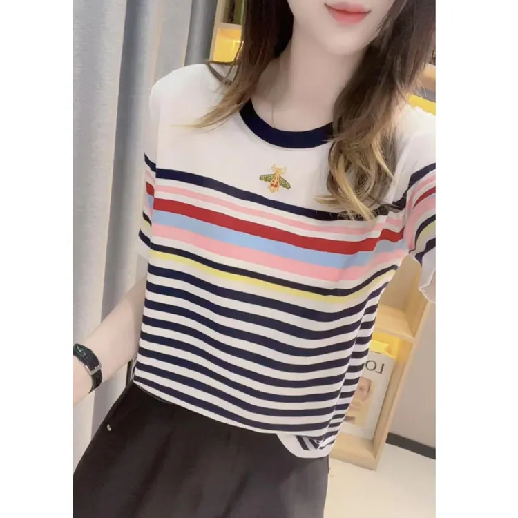 JIAN•简靓【小蜜蜂彩条短袖】2026夏季新款气质百搭桑蚕丝针织衫