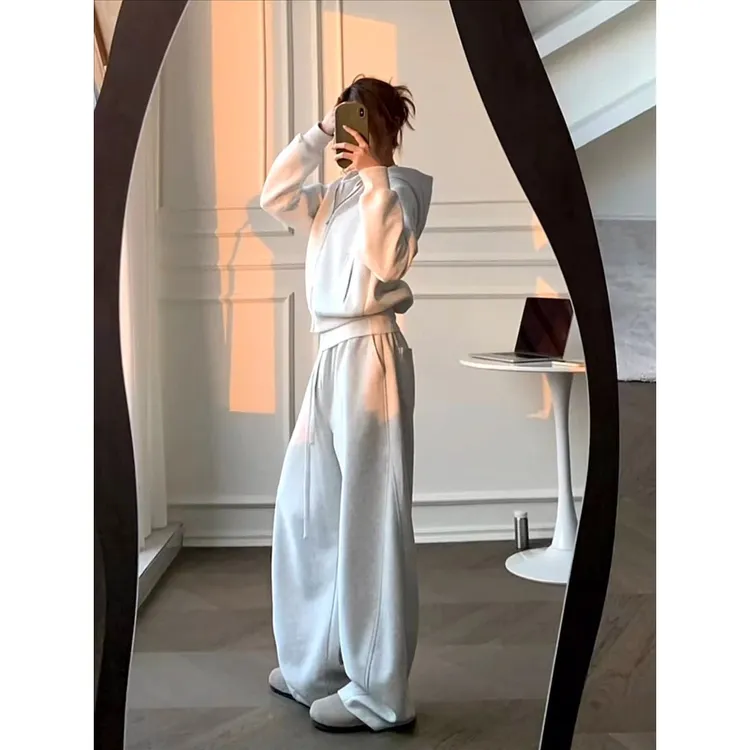 盐系运动服套装女2025秋冬灰色宽松连帽卫衣时尚阔腿裤两件套跑步