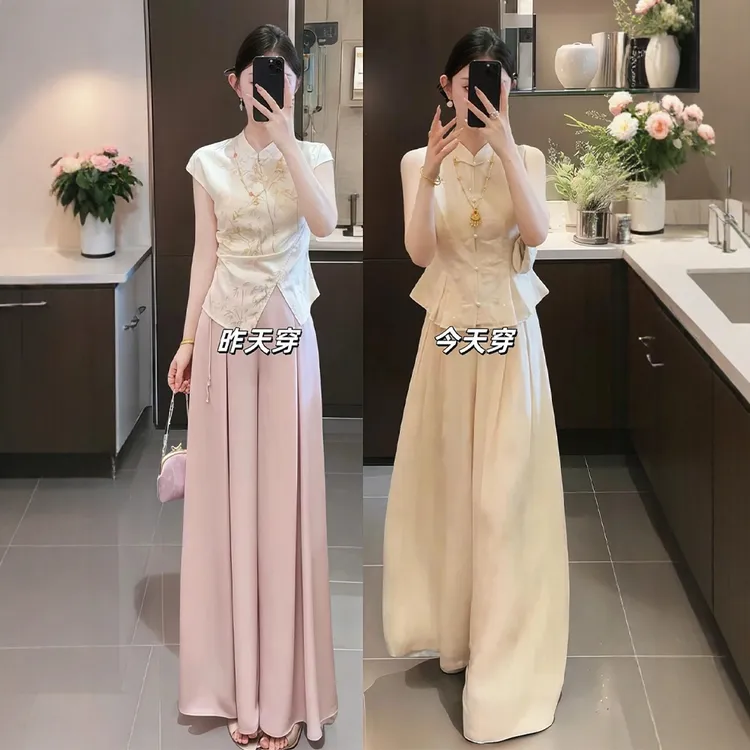 新中式女装禅意套装2025夏季新款国风盘扣上衣显瘦阔腿裤子两件套