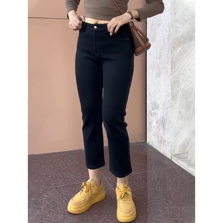 新款黑色大码直筒牛仔裤女弹力高腰显瘦微胖妹妹小个子八分烟管裤
