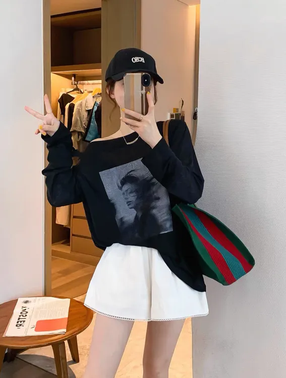 《香香严选》时尚潮流印花长袖T桖防晒罩衫宽松显瘦百搭上衣2571