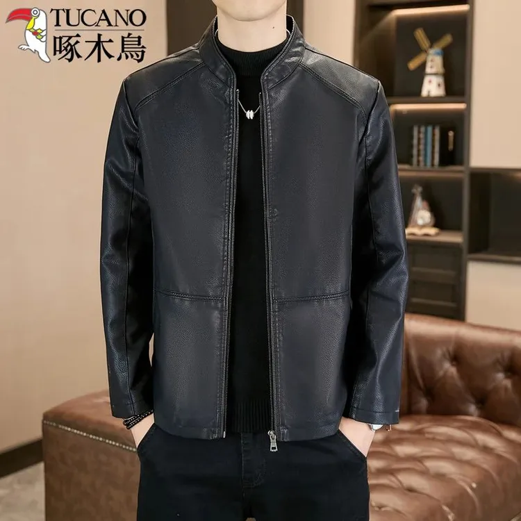TUCANO/啄木鳥男士时尚休闲皮衣夹克冬季加绒加厚保暖立领外套潮