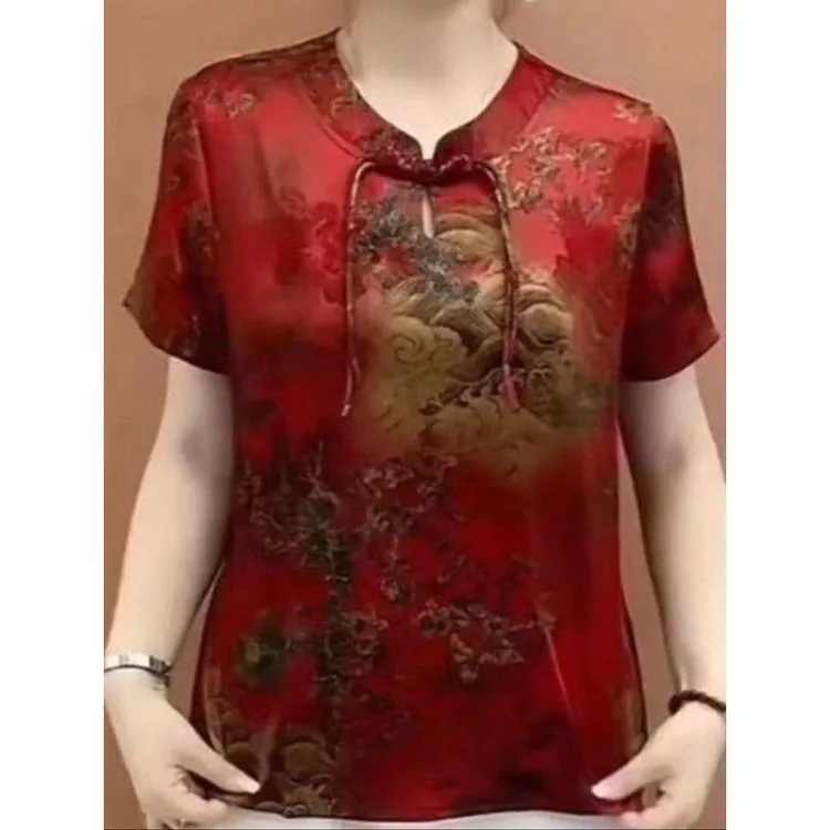 妈妈夏季新款短袖花色T恤薄款中国风中老年女装花色盘扣上衣小衫