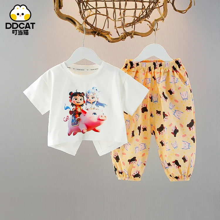 叮当猫女童套装夏季儿童洋气短袖夏装薄款女宝宝休闲中小童两件套