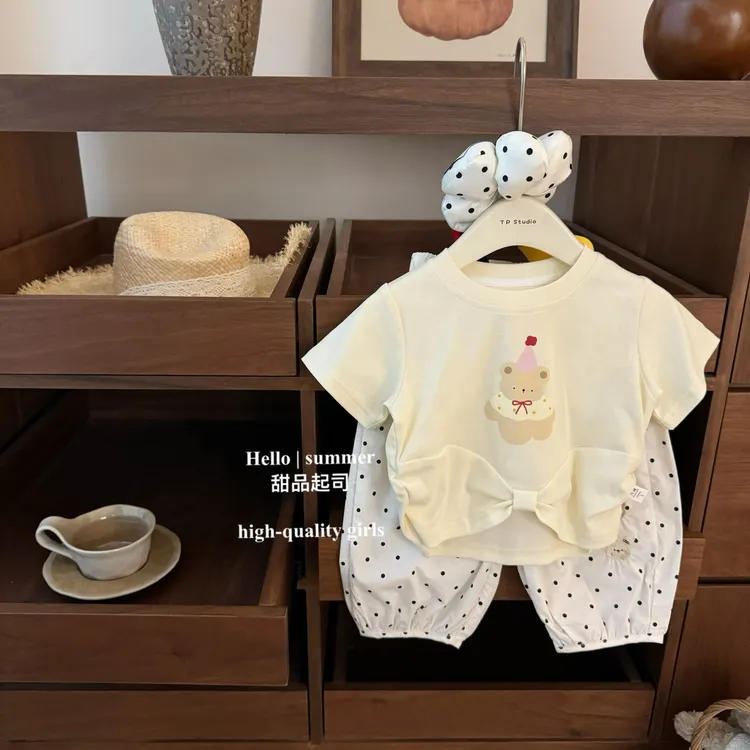 【甜品起司】姜黄曲奇！女宝宝小熊短袖t恤波点灯笼裤洋气可爱套装