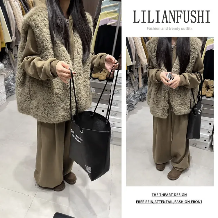 秋冬穿搭2025新款宽松马甲外套百搭纯色长袖上衣显瘦阔腿裤三件套