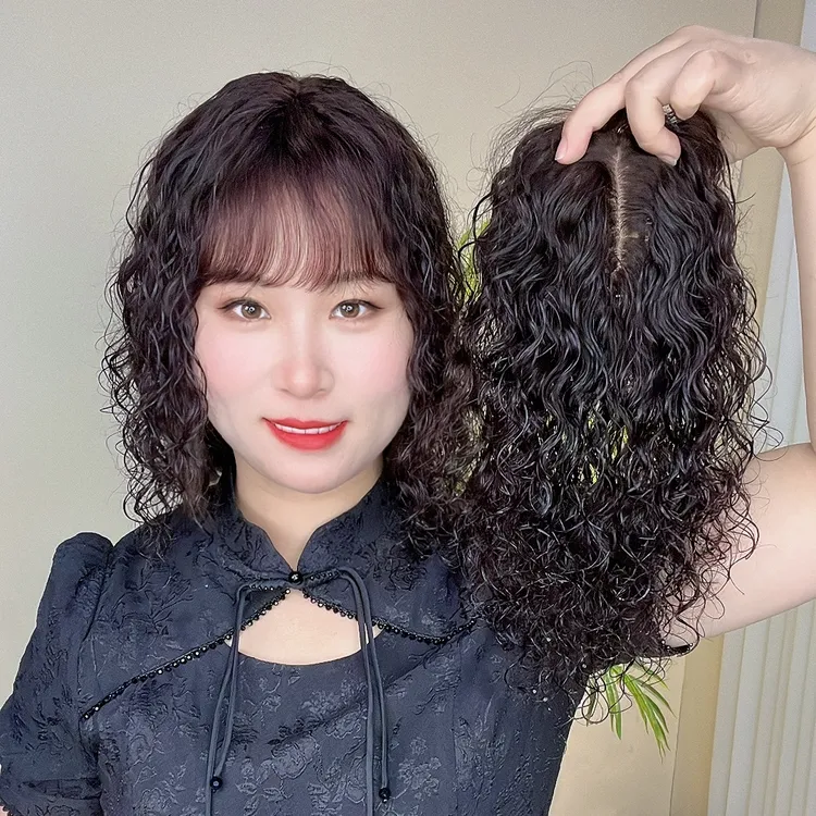 甄选羊毛卷全真发齐刘海卷发遮白发增发量两鬓片式头顶假发片