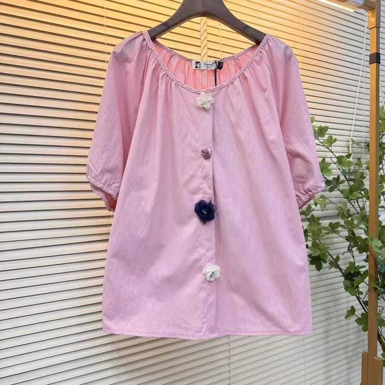 大码甜美设计泡泡短袖衬衫夏季2025胖mm新款减龄花朵宽松上衣遮肉