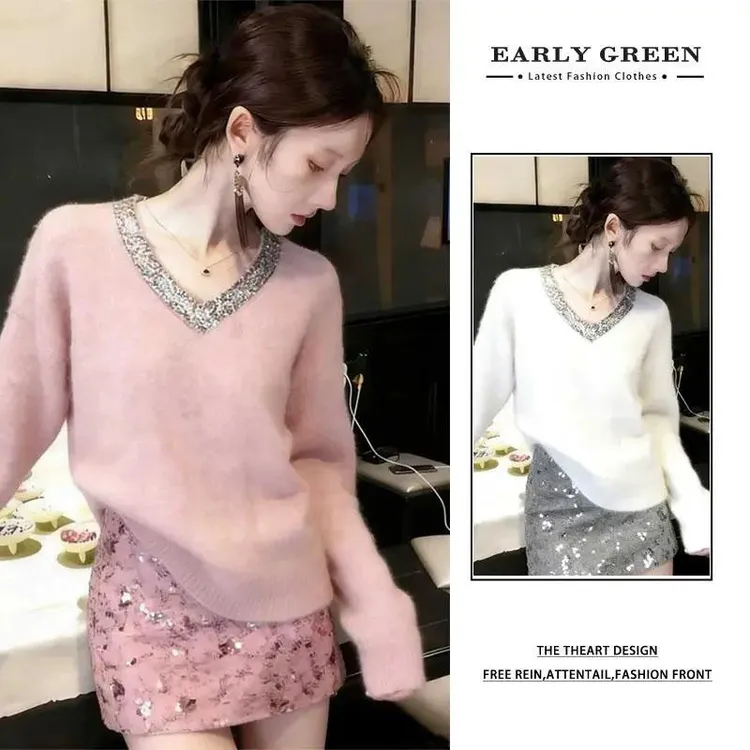 2025秋冬新款韩系气质轻奢名媛风V领镶钻长袖毛衣软糯V领针织衫