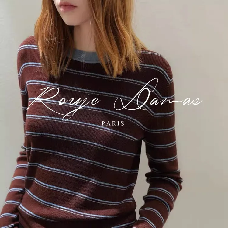 法式复古撞色条纹圆领毛衣女宽松百搭打底针织衫上衣