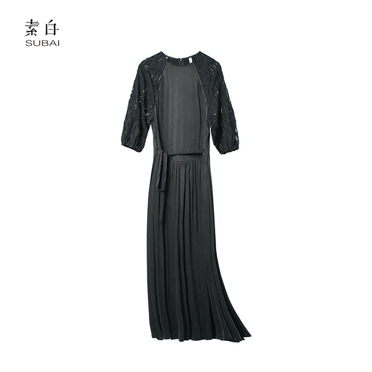 素白复古暗黑【花袖柔】93380铜氨丝拼接连酷黑时尚中长款连衣裙