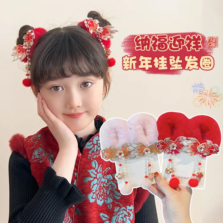 儿童过年新款红色发圈头饰女童可爱头绳小女孩新年蝴蝶结可爱发饰