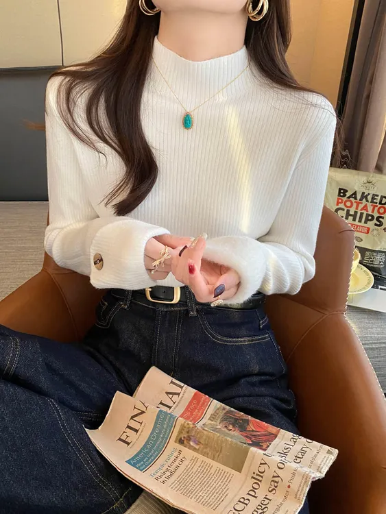 一体绒半高领针织衫灰色打底衫内搭加绒加厚2025秋冬新款毛衣上衣