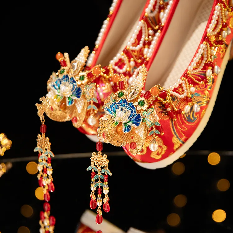 【高档婚鞋】明制中式秀禾鞋重工古风增高红色新娘绣花香槟色婚鞋