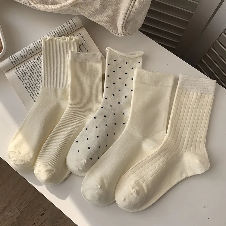 奶白色新疆棉中筒袜春秋冬百搭纯色堆堆袜长袜韩版波点木耳边袜Q