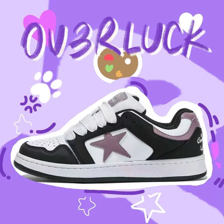OVERLUCK原创潮流四季女款透气板鞋经典黑紫色低帮增高百搭鞋子