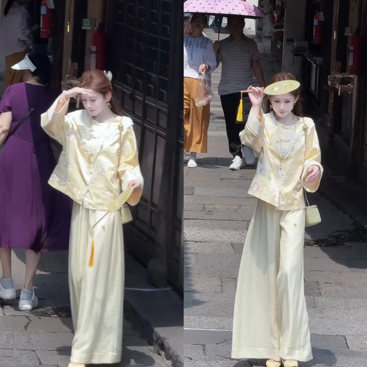 【婷婷】《金丝雀》中秋配色杜鹃刺绣盘花国风套装 TT2SQTY2129