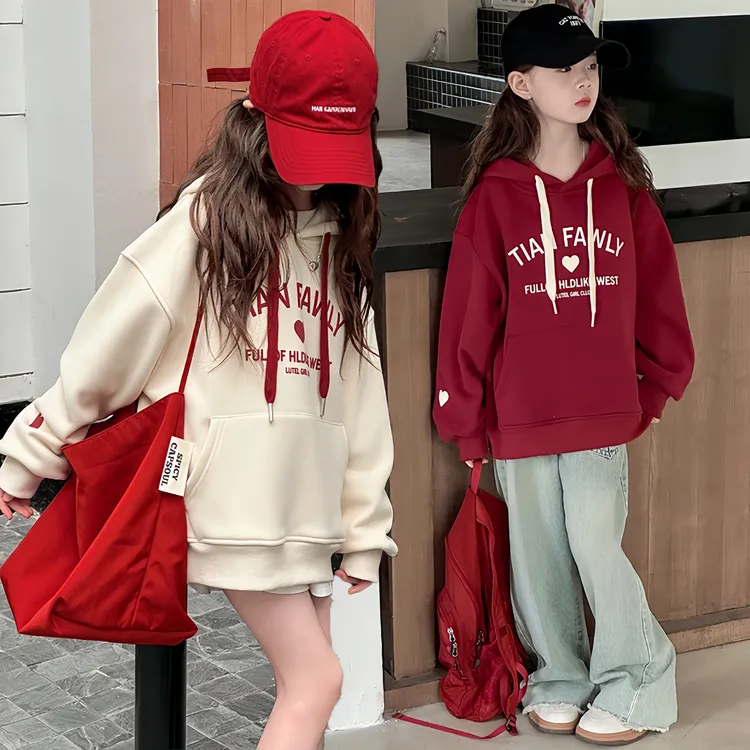 女童春秋连帽卫衣2025新款儿童中大童红色宽松休闲韩版套头上衣