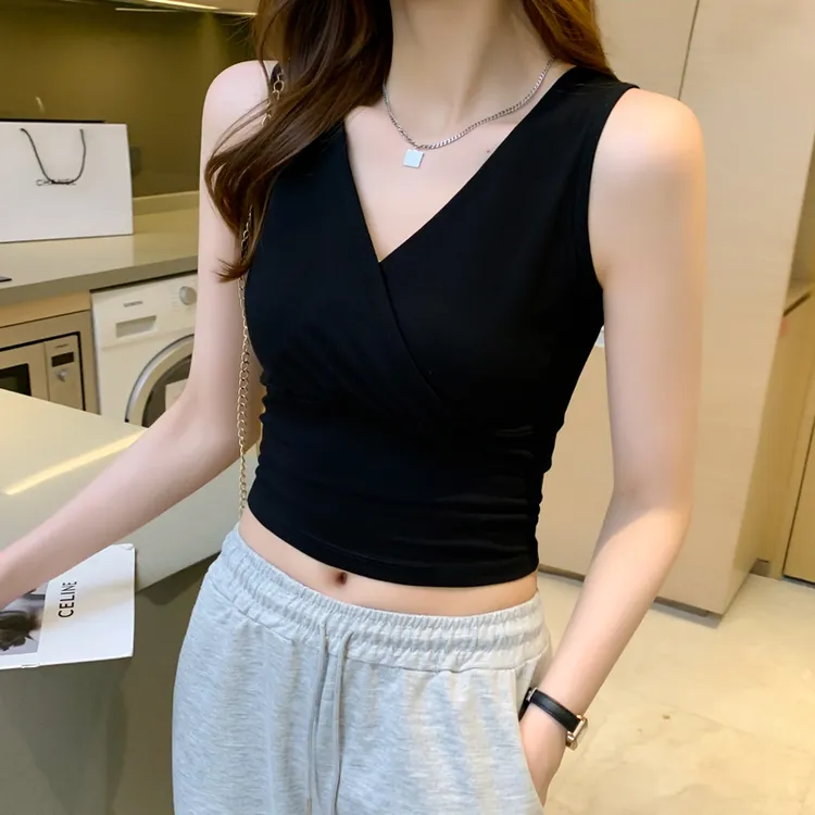 黑色v领吊带背心女内搭2025新款95棉紧身无袖外穿短款打底上衣夏