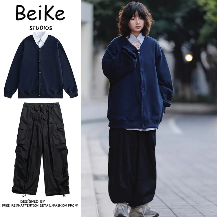 两件装/春秋复古假两件卫衣宽松开衫外套情侣拼接休闲慵懒风男女