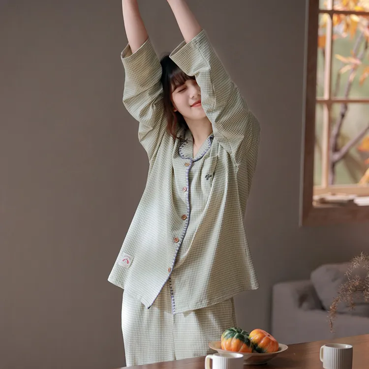 马克公主睡衣女春秋季小清新柔软棉长袖格子套装休闲可外穿家居服