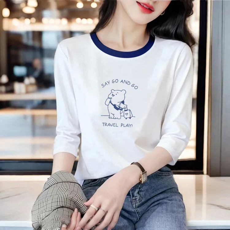 七分袖上衣女夏宽松显瘦打底衫T恤微胖宽松白色时尚简约女款纯色