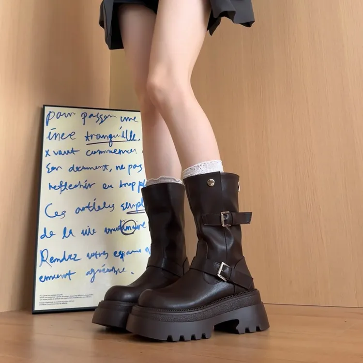 英伦风棕色厚底马丁靴女2025秋冬季新款小个子增高百搭显瘦中筒靴