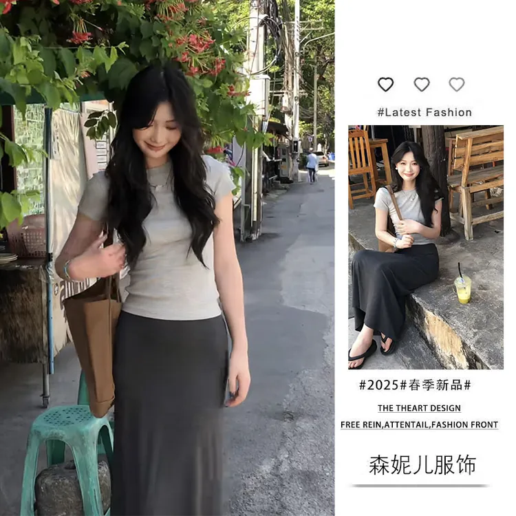 夏季穿搭一整套2025新款女简约百搭修身短袖T恤休闲半身裙两件套