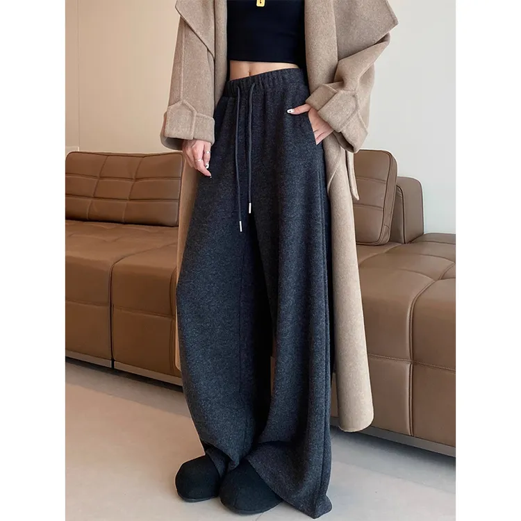 耶古复古灰色加厚糯米阔腿裤女秋冬新款高腰抽绳垂坠感宽松直筒裤