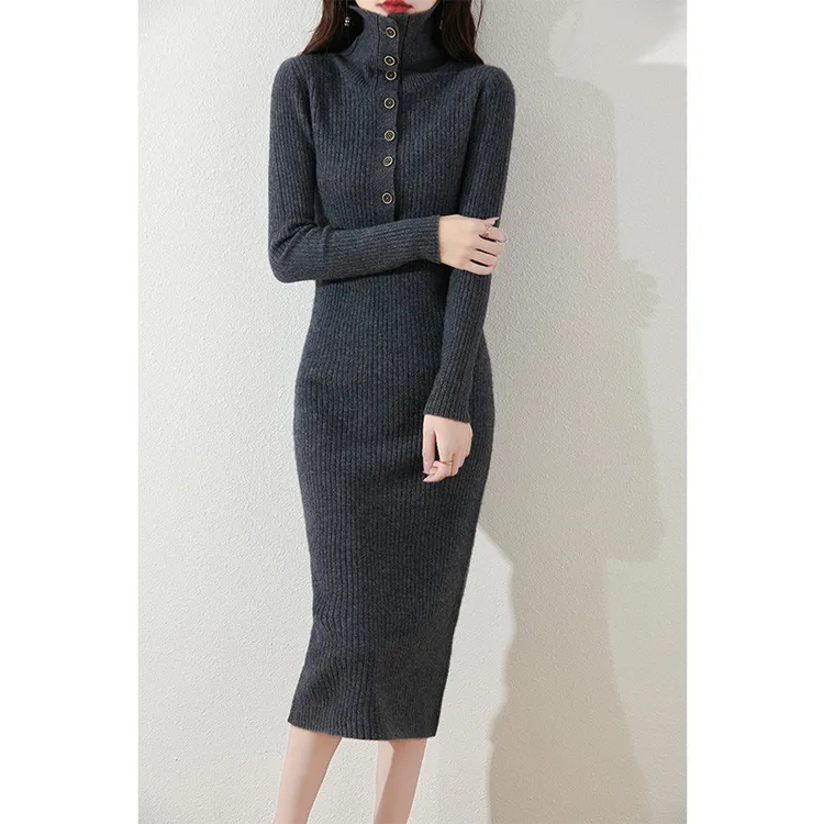 俞兆林配大衣秋冬毛衣裙修身新款长款直筒纽扣针织洋装翻领打底连