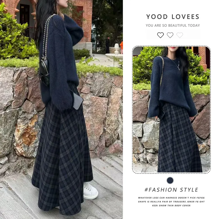 学院风秋冬一整套穿搭温柔风纯色圆领软糯针织衫格子半身裙两件套