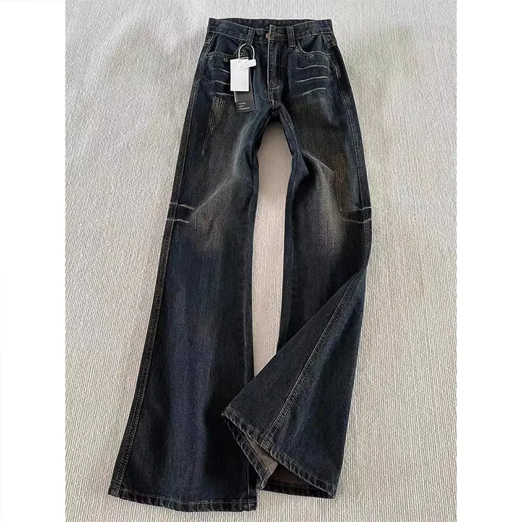 水洗蓝灰色爪痕牛仔裤男夏季美式复古裤子vibe显瘦高腰直筒微喇裤