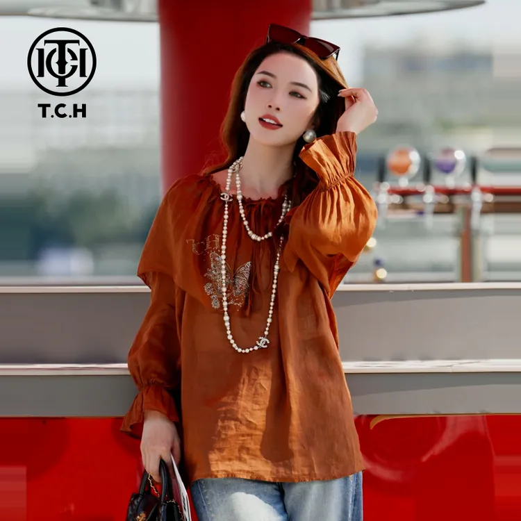 TCH私服烫钻工艺秋款休闲百搭气质蝴蝶衬衫女T75C13E1007轻奢tch