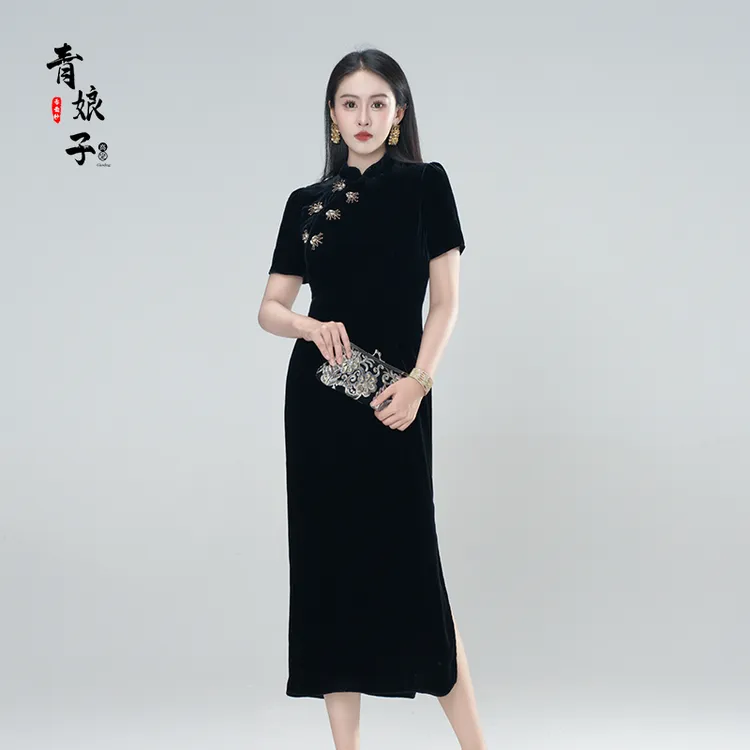 青娘子-丝绒（黛雪）串珠斜襟夏季高级感简约新中式立领旗袍61065