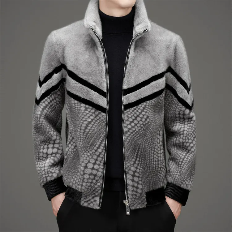 路约威格仿貂绒外套男士秋冬季立领保暖加厚皮毛一体休闲夹克上衣