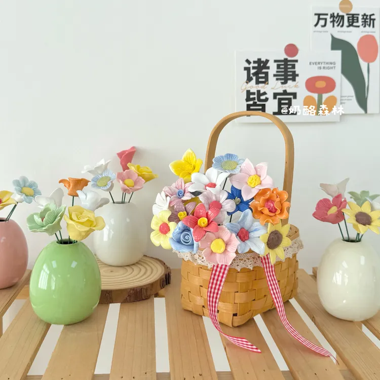 景德镇手工陶瓷小花朵逼真仿真花永生花束客厅装饰摆件教师节礼物