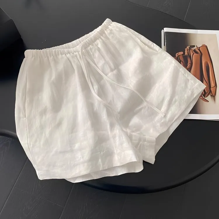 白色亚麻短裤女夏季2025新款小个子宽松显瘦松紧腰a字休闲阔腿裤